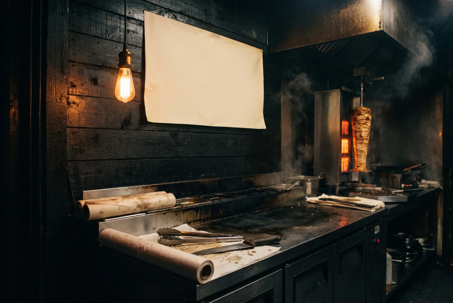 The Shawarma Lu counter at night: black steel and one light over the pass